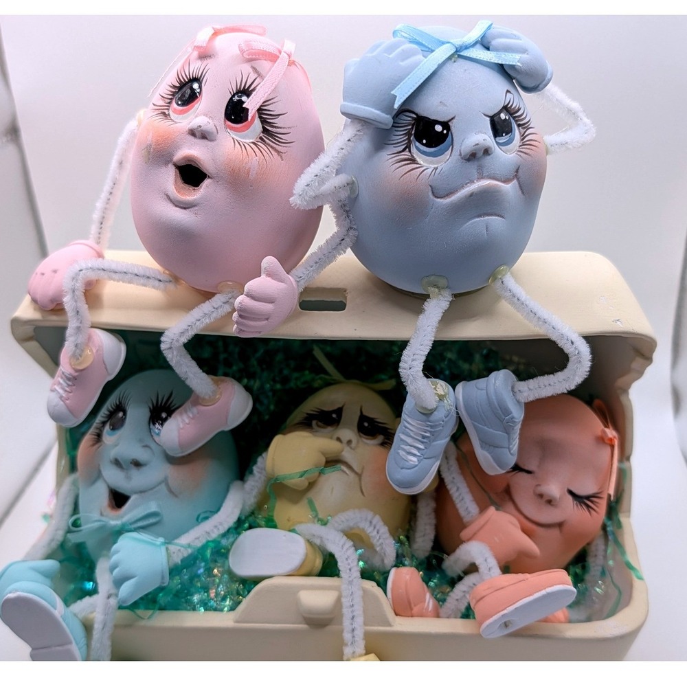 Vintage Ceramic Egg Carton Figurine Hand Painted Easter Decor Kitschy Characters